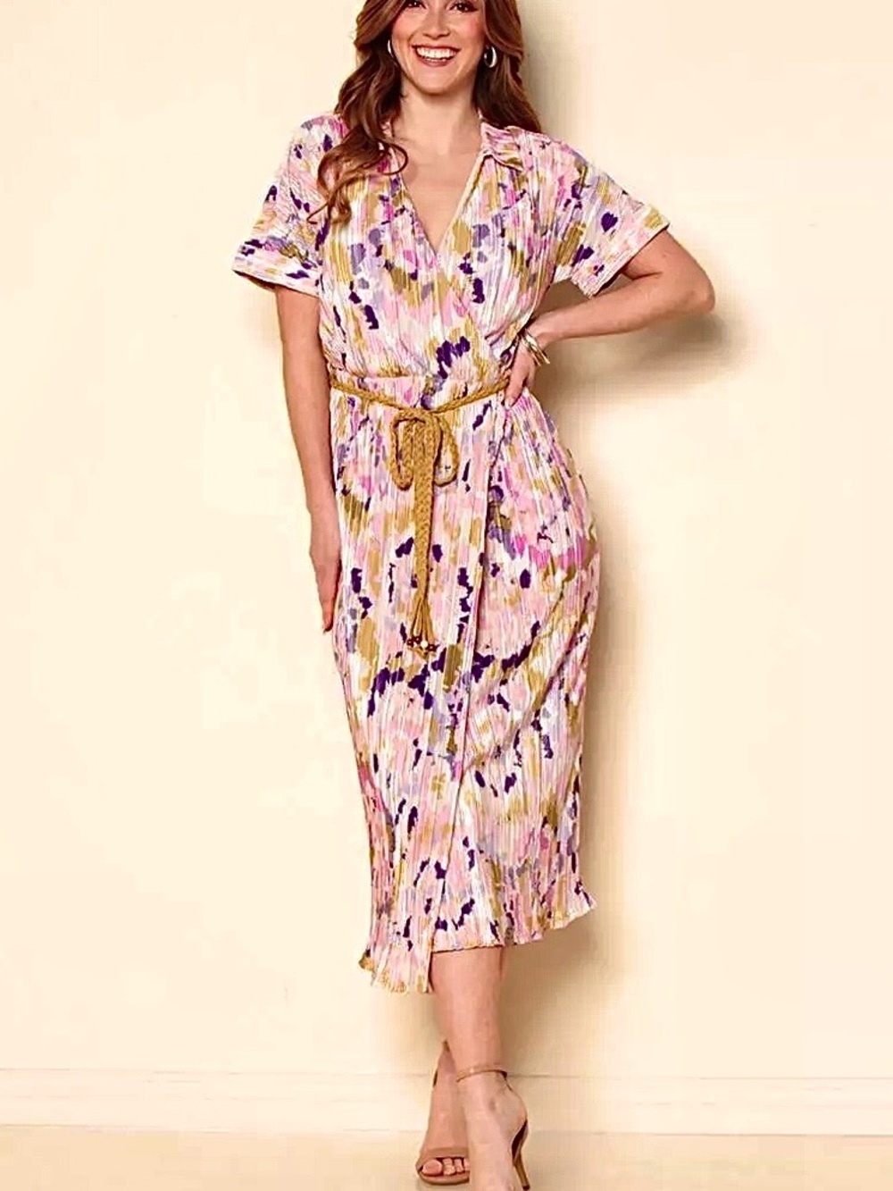Madison & Hudson Pleated Midi Dress Short Slv V-neck Collar 3X Plus Pink Yellow